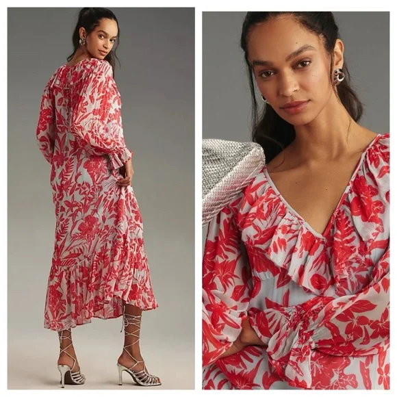 anthropologie red ruffle dress Sundays Anthropologie Red Ruffles Long-Sleeve Dakota Mini Dress Size Medium